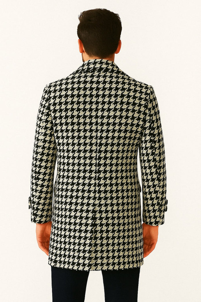 Mens Houndstooth Double-Breasted Wool Peacoat  Black and White Wool  Short Coat Slim Fit