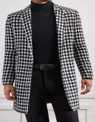 Mens Overcoat - Topcoat For Men - Winter Fabric - Men Houndstooth Lapel Collar Non Stretch Fabric Overcoat