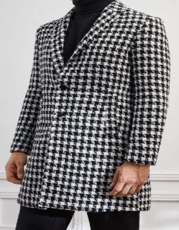 Mens Overcoat - Topcoat For Men - Winter Fabric - Men Houndstooth Lapel Collar Non Stretch Fabric Overcoat - Men's Tuxedo USA