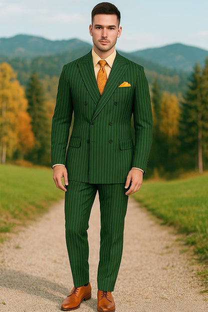 Mens Hunter Green Pinstripe Double-Breasted Suit  Bold 6-Button Vintage Gangster Style 1920s Look