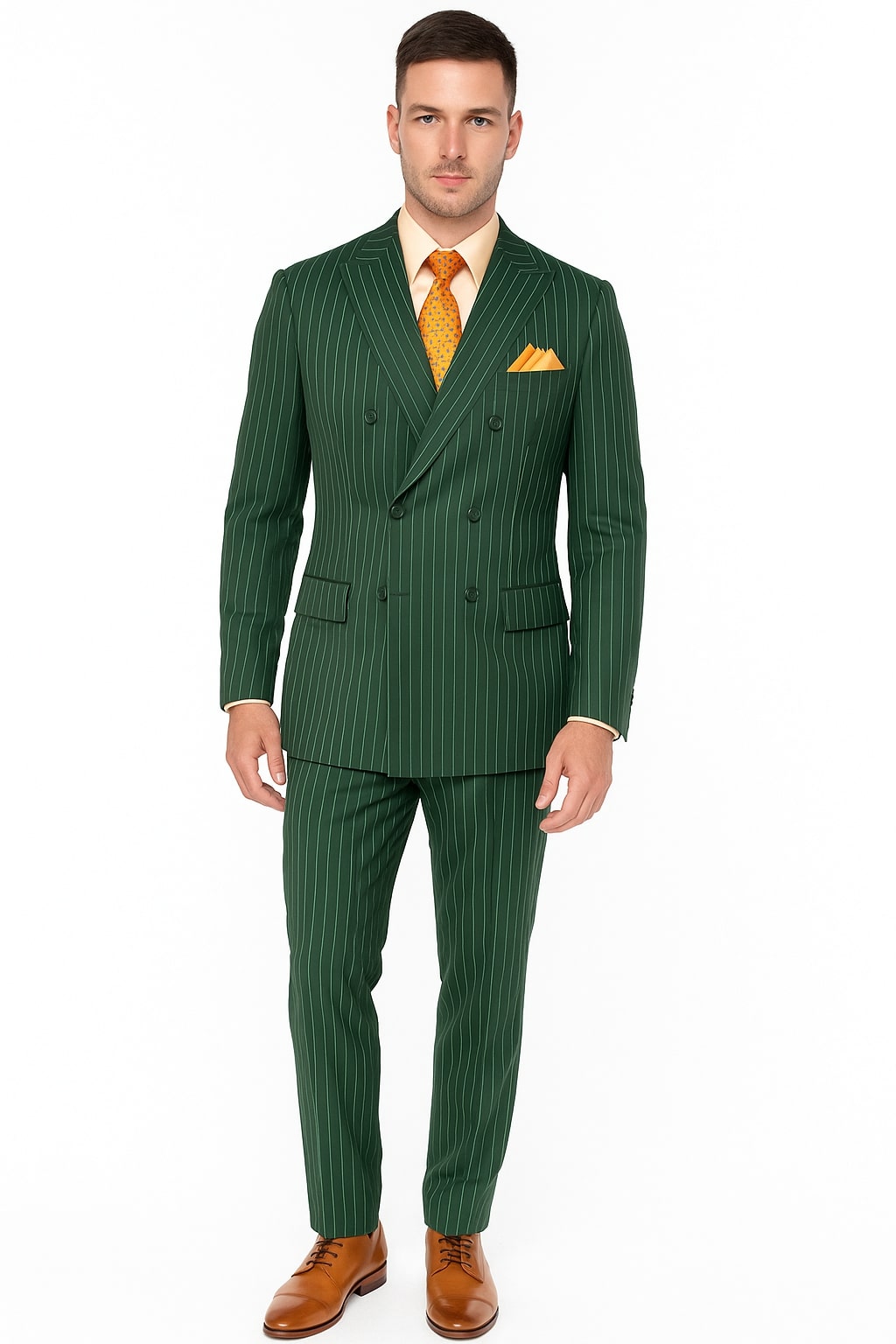 Mens Hunter Green Pinstripe Double-Breasted Suit  Bold 6-Button Vintage Gangster Style 1920s Look