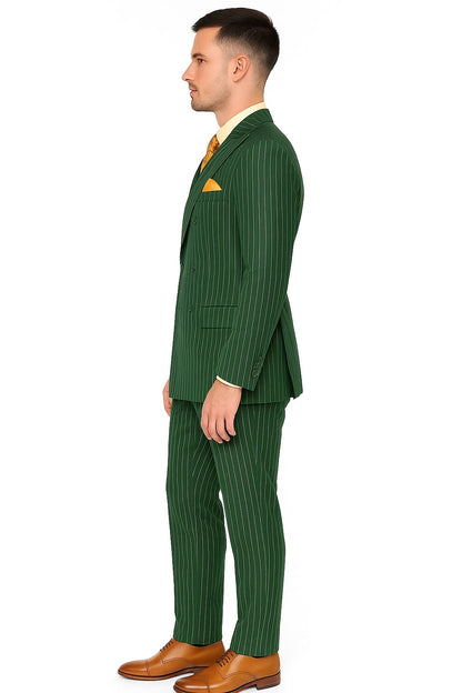 Mens Hunter Green Pinstripe Double-Breasted Suit  Bold 6-Button Vintage Gangster Style 1920s Look