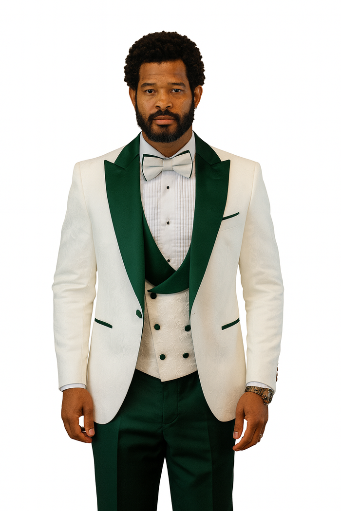 Hilton White and Hunter Green Paisley Peak Lapel Tuxedo Jacket with Matching Shawl Vest and Wool Pants  Includes Bow Tie