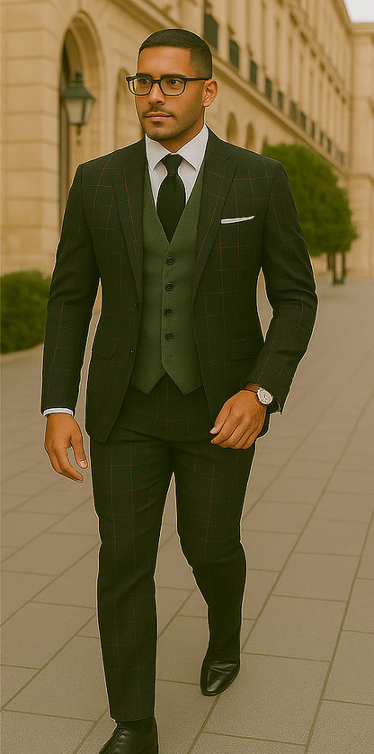 Wool Suit - Italian Made Business Suit by Statement Men's 3 Piece 100% Wool Modern Fit Suit - Bold Accent Color
