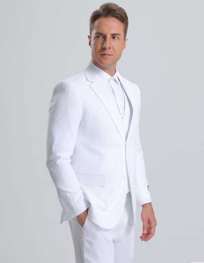 Mens Vested Summer Seersucker Suit in White Pinstripe - Men's Tuxedo USA