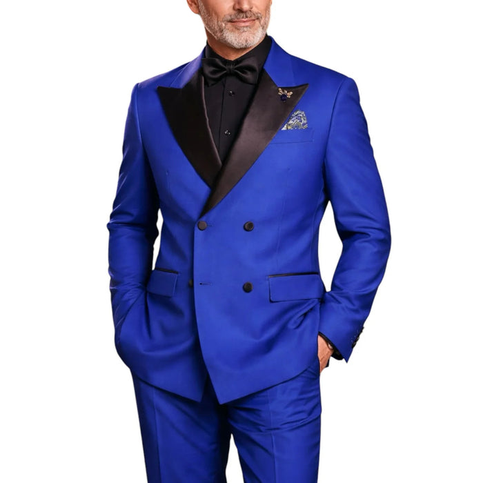 Mens Regular Fit Double Breasted Tuxedo with Satin Lapel and Bow Tie - Royal Blue