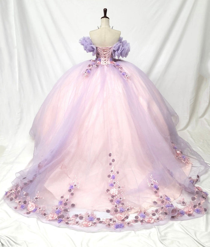 Chicas HF3127 Modern Printed Blush BallDress Floral Floor-Length Tulle Dress