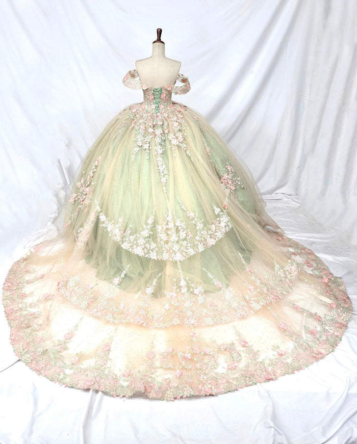 Chicas HF3126 Printed Glitter Formal Green BallDress Tulle Dress