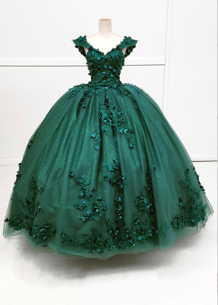 Chicas HF3074 Printed Glitter Emerald BallDress Floral Floor-Length Tulle Dress
