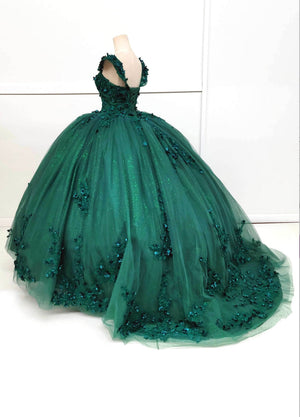 Chicas HF3074 Printed Glitter Emerald BallDress Floral Floor-Length Tulle Dress