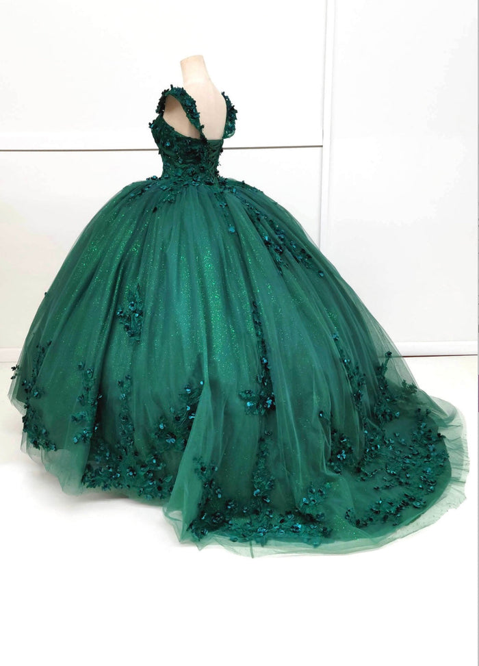 Chicas HF3074 Printed Glitter Emerald BallDress Floral Floor-Length Tulle Dress