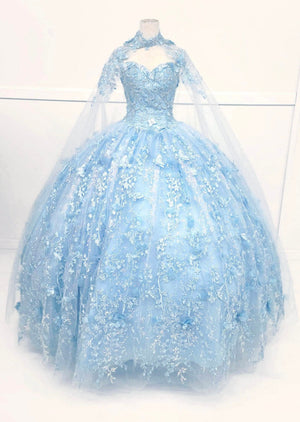 Chicas HF3067 Printed Quinceañera Royal BallDress Floral Floor-Length Tulle Dress