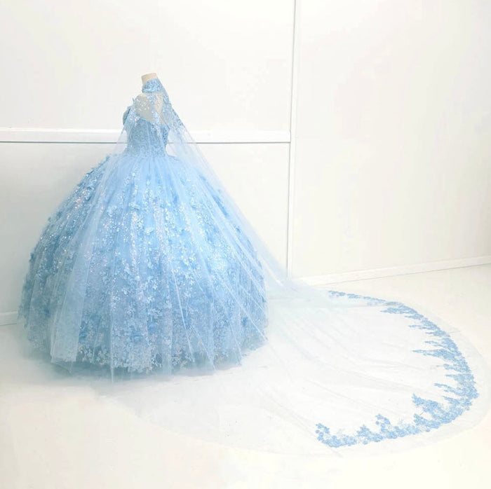 Chicas HF3067 Printed Quinceañera Royal BallDress Floral Floor-Length Tulle Dress