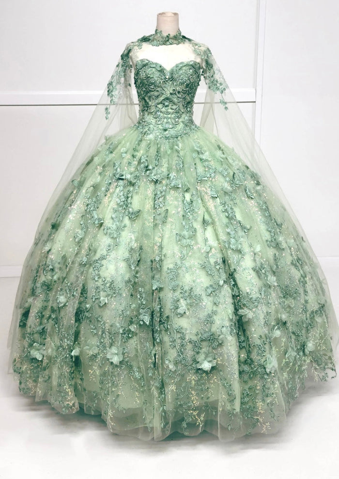 Chicas HF3067 Printed Quinceañera Royal BallDress Floral Floor-Length Tulle Dress