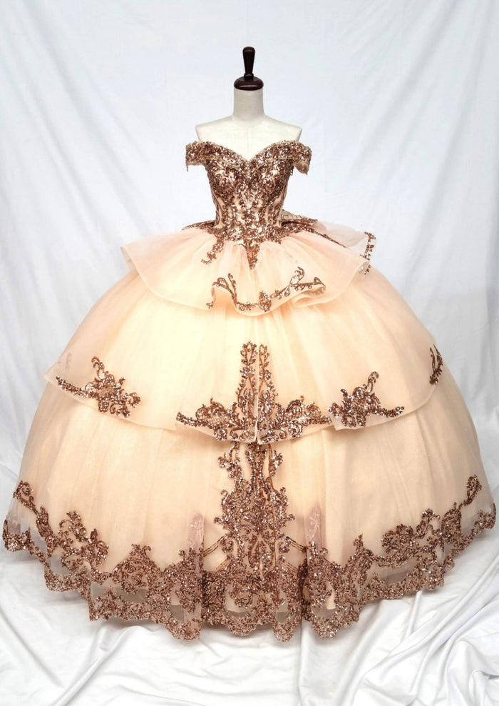 Chicas HF3063 Gold BallDress Floor-Length Sequin Embroidered Organza Dress
