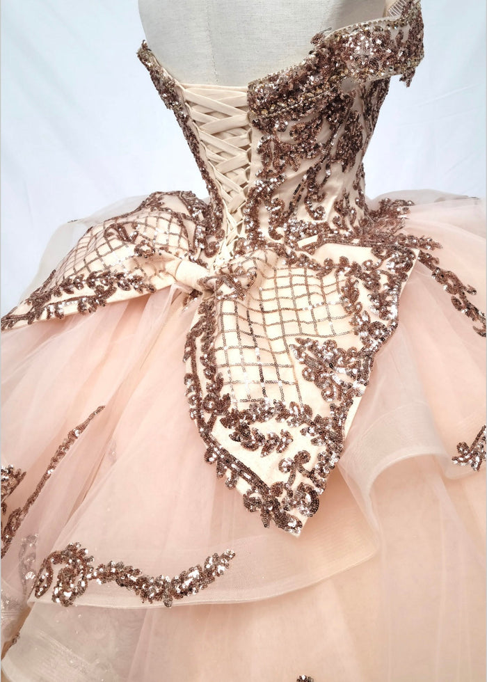 Chicas HF3063 Gold BallDress Floor-Length Sequin Embroidered Organza Dress