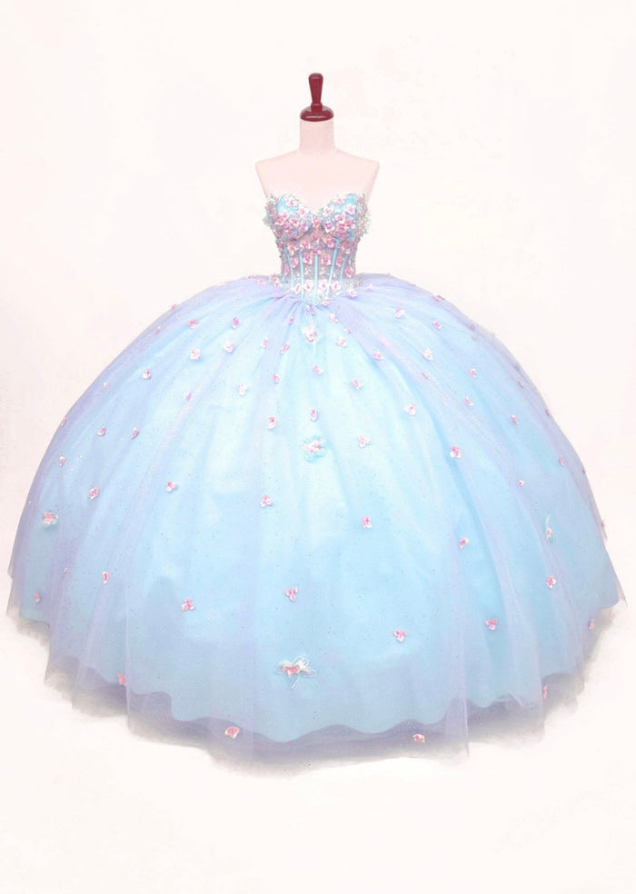 Chicas HF3119 Printed Quinceañera Blue BallDress Strapless Floral Tulle Dress