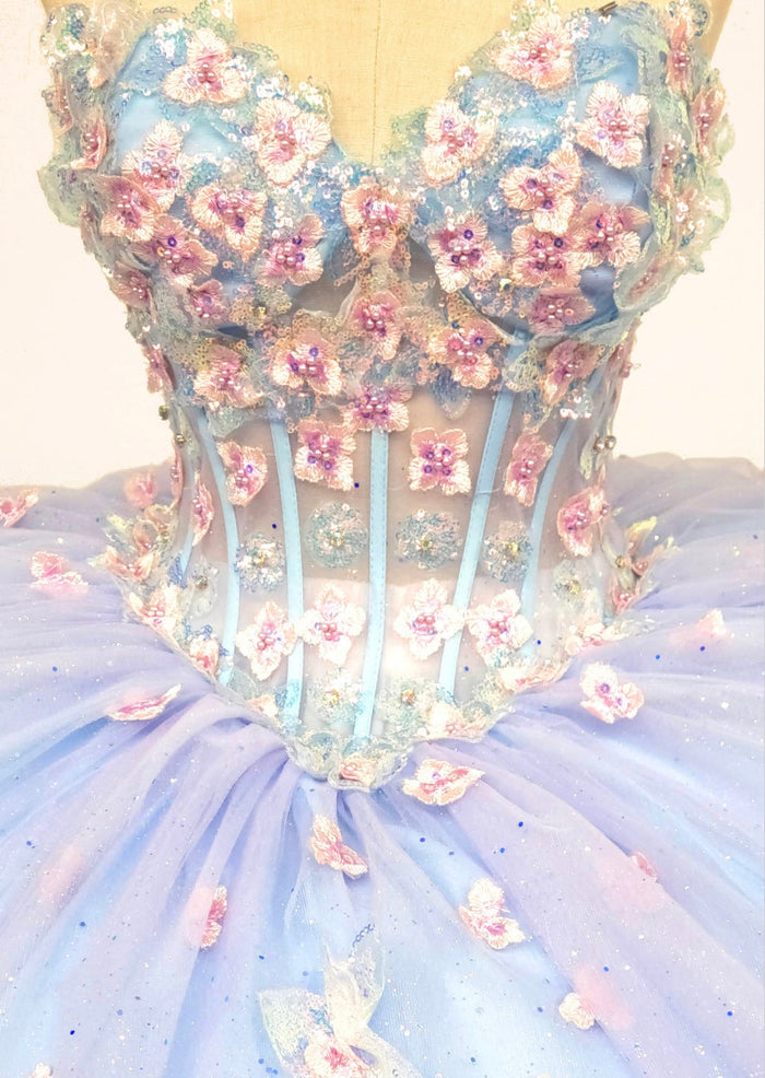 Chicas HF3119 Printed Quinceañera Blue BallDress Strapless Floral Tulle Dress