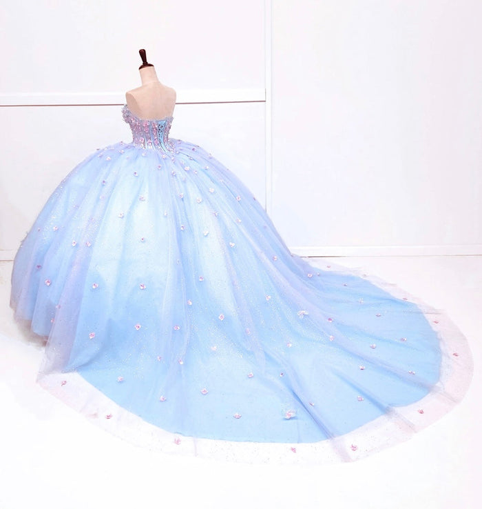 Chicas HF3119 Printed Quinceañera Blue BallDress Strapless Floral Tulle Dress