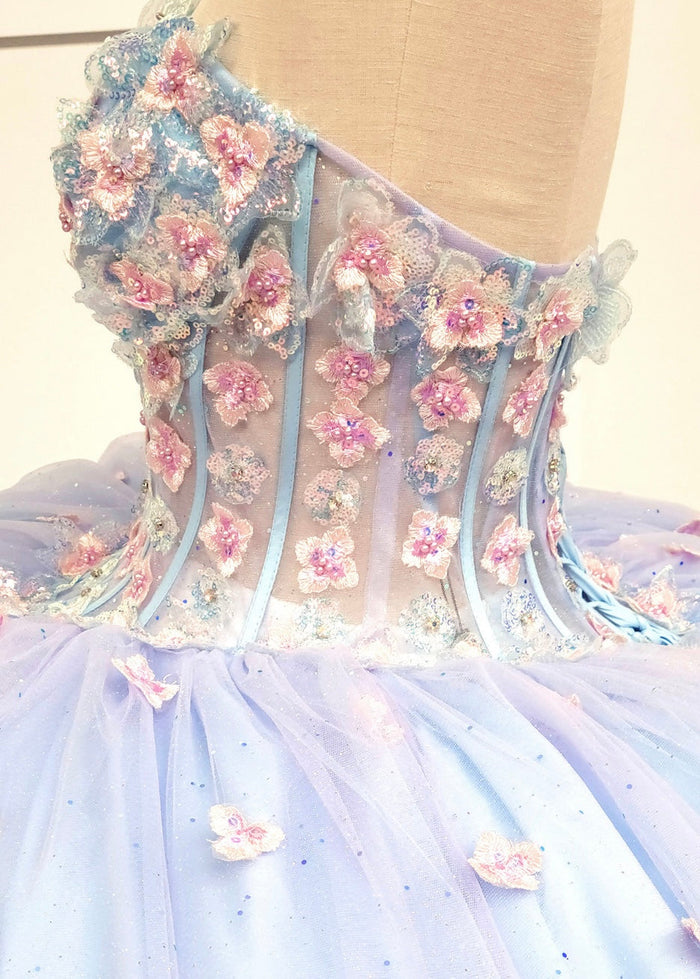 Chicas HF3119 Printed Quinceañera Blue BallDress Strapless Floral Tulle Dress