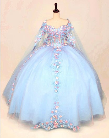 Chicas HF3117 Printed Blue BallDress Floral Long Corset Tulle Dress