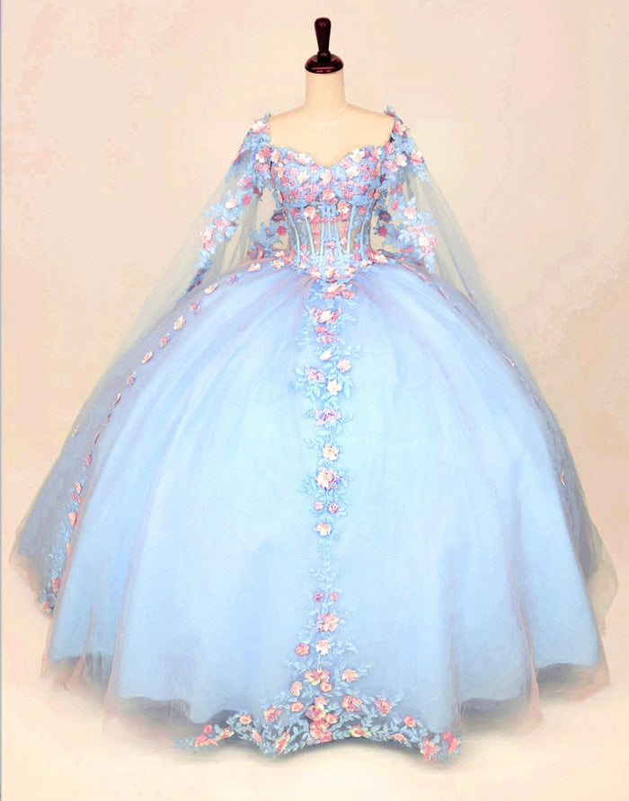 Chicas HF3117 Printed Blue BallDress Floral Long Corset Tulle Dress