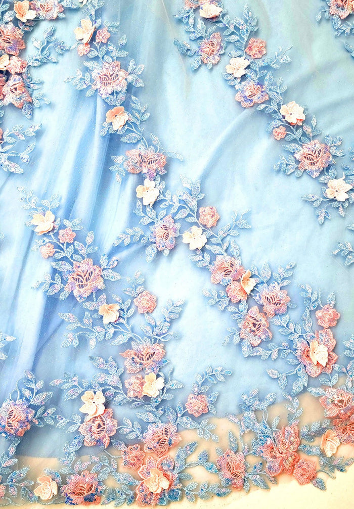 Chicas HF3117 Printed Blue BallDress Floral Long Corset Tulle Dress