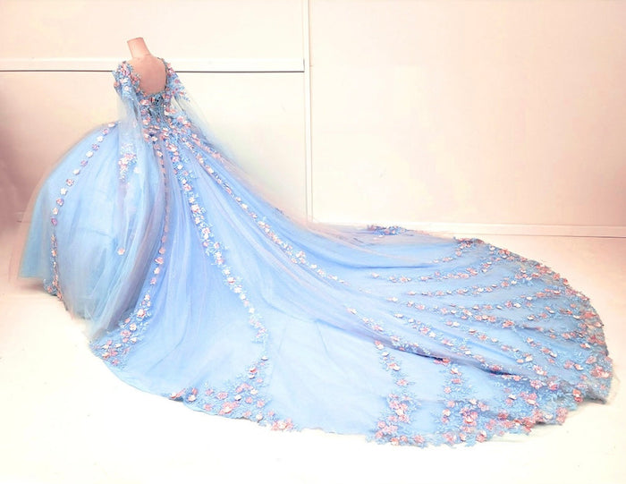 Chicas HF3117 Printed Blue BallDress Floral Long Corset Tulle Dress