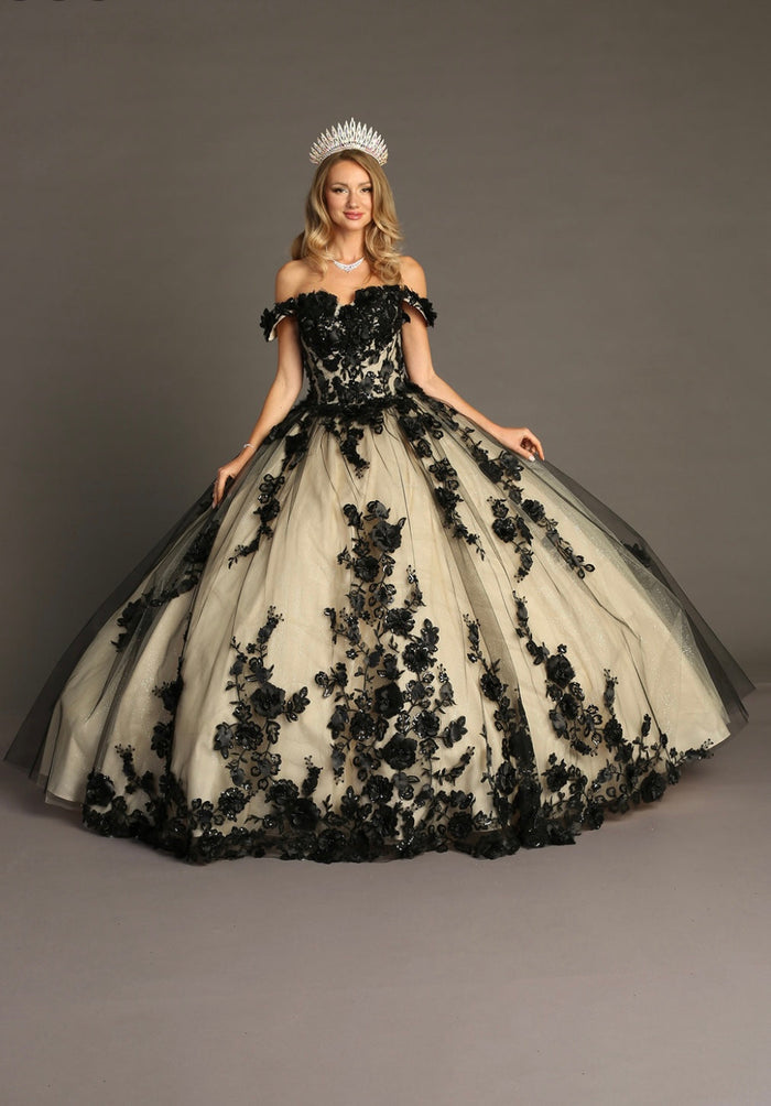 Chicas HF3088 Printed Black BallDress Floral Floor-Length Tulle Dress