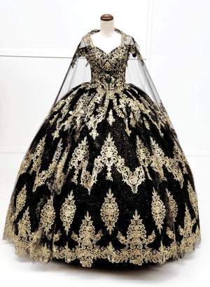 Chicas HF3090 Glitter Quinceañera Black BallDress Floor-Length Embroidered Tulle Dress