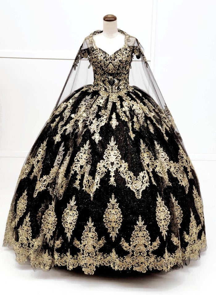 Chicas HF3090 Glitter Quinceañera Black BallDress Floor-Length Embroidered Tulle Dress