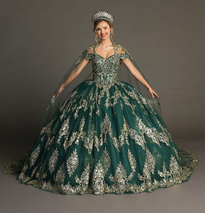 Chicas HF3090 Glitter Quinceañera Black BallDress Floor-Length Embroidered Tulle Dress