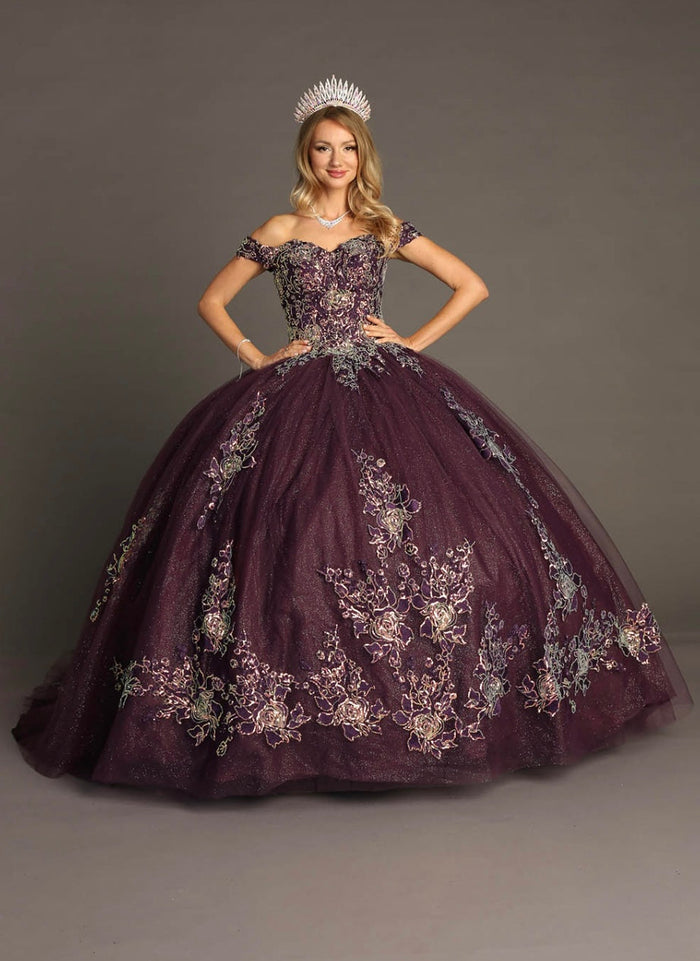 Chicas HF3099 Printed Glitter Purple BallDress Floral Floor-Length Tulle Dress