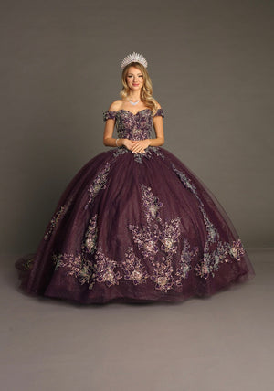 Chicas HF3099 Printed Glitter Purple BallDress Floral Floor-Length Tulle Dress
