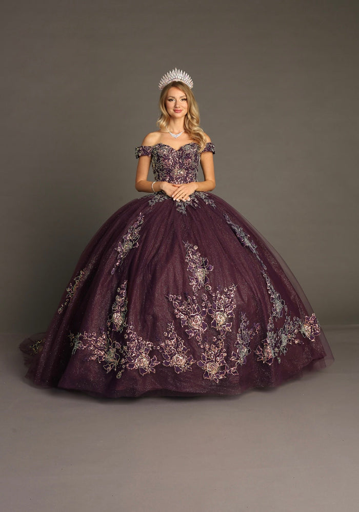 Chicas HF3099 Printed Glitter Purple BallDress Floral Floor-Length Tulle Dress