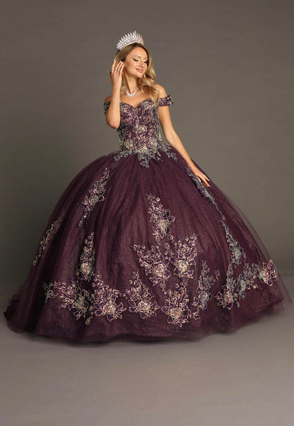 Chicas HF3099 Printed Glitter Purple BallDress Floral Floor-Length Tulle Dress