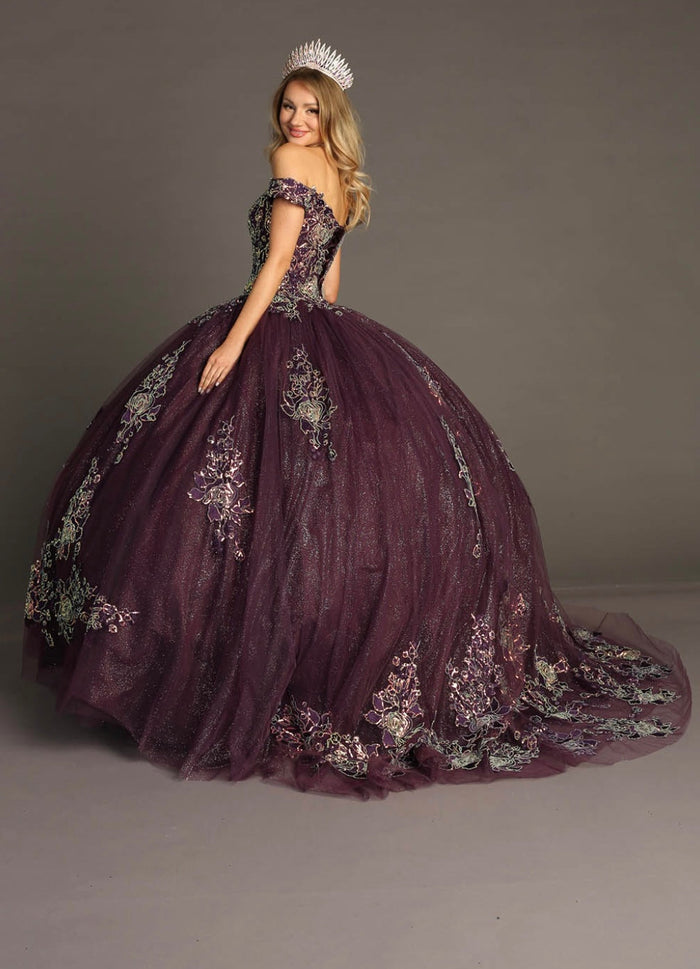 Chicas HF3099 Printed Glitter Purple BallDress Floral Floor-Length Tulle Dress