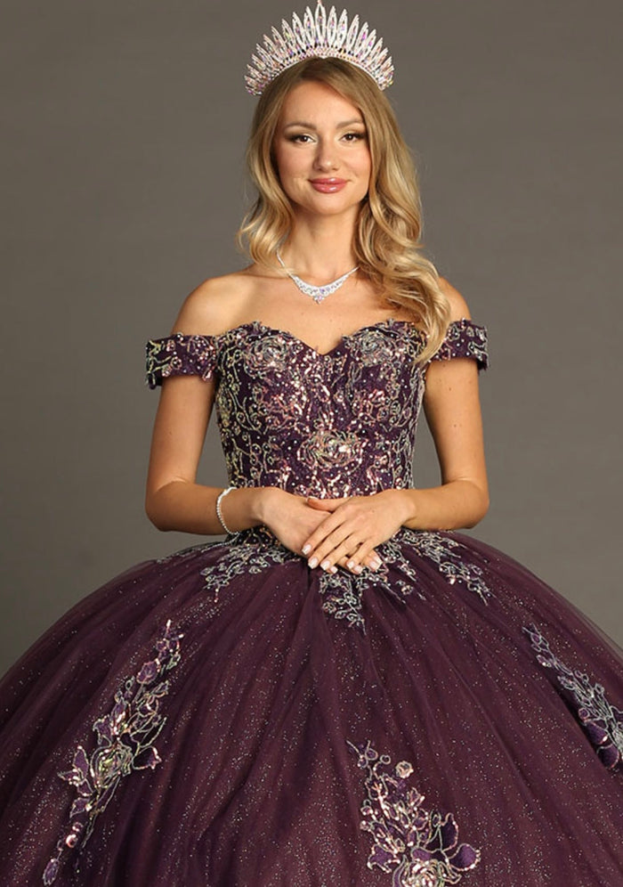 Chicas HF3099 Printed Glitter Purple BallDress Floral Floor-Length Tulle Dress