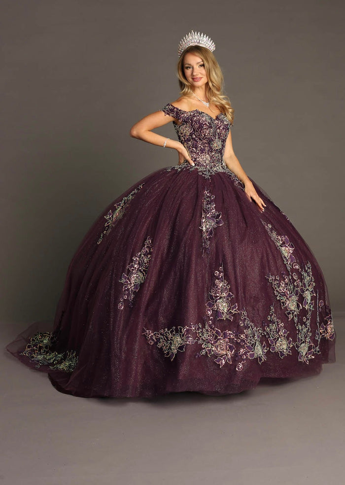 Chicas HF3099 Printed Glitter Purple BallDress Floral Floor-Length Tulle Dress