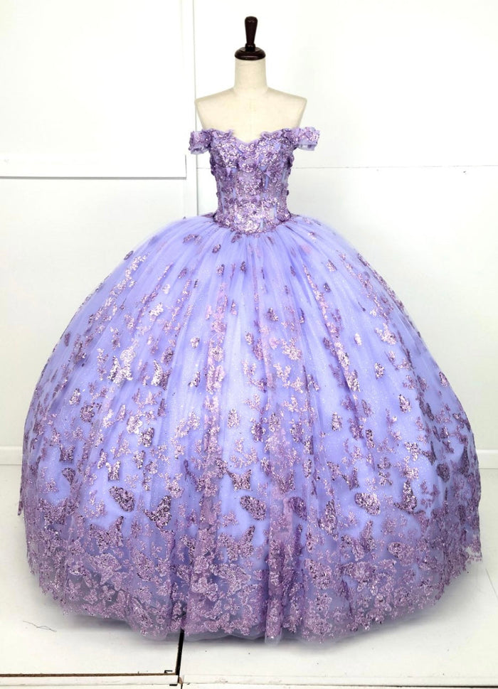 Chicas HF3103 Printed Glitter Lilac BallDress Butterfly Floral Tulle Dress