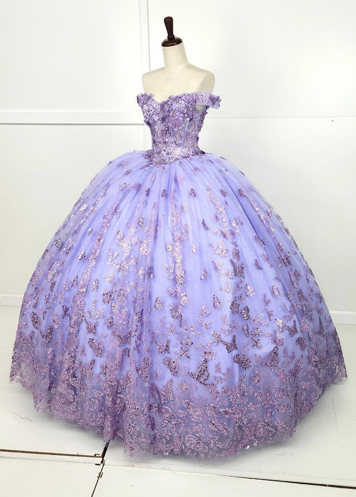 Chicas HF3103 Printed Glitter Lilac BallDress Butterfly Floral Tulle Dress