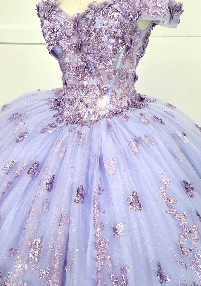 Chicas HF3103 Printed Glitter Lilac BallDress Butterfly Floral Tulle Dress