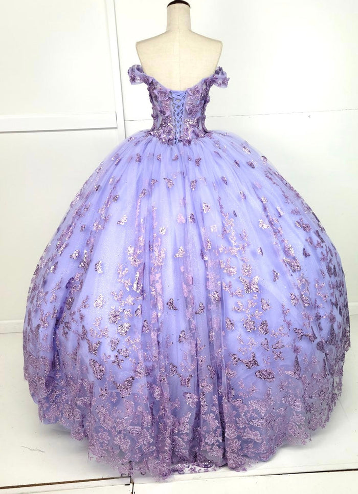 Chicas HF3103 Printed Glitter Lilac BallDress Butterfly Floral Tulle Dress