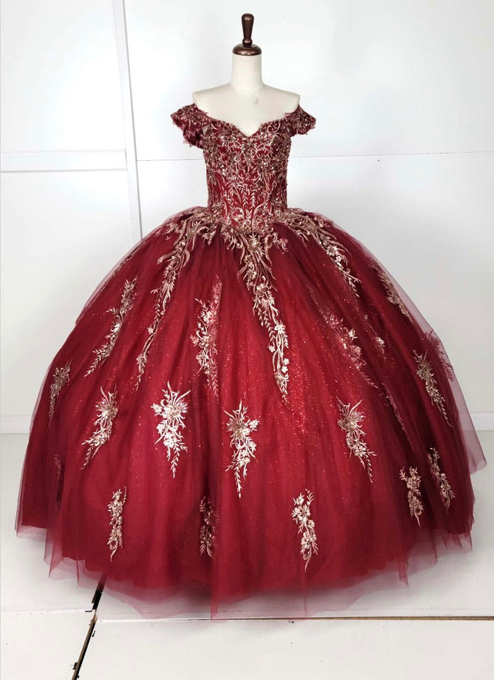 Chicas HF3084 Romantic Printed Metallic Glitter Burgundy BallDress Tulle Dress