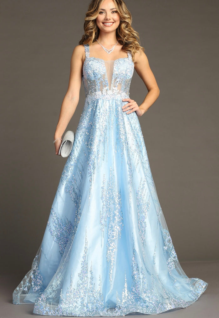 Chicas C821 Modern Printed Prom Blue A-Line Illusion Lace Dress