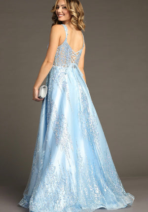 Chicas C821 Modern Printed Prom Blue A-Line Illusion Lace Dress