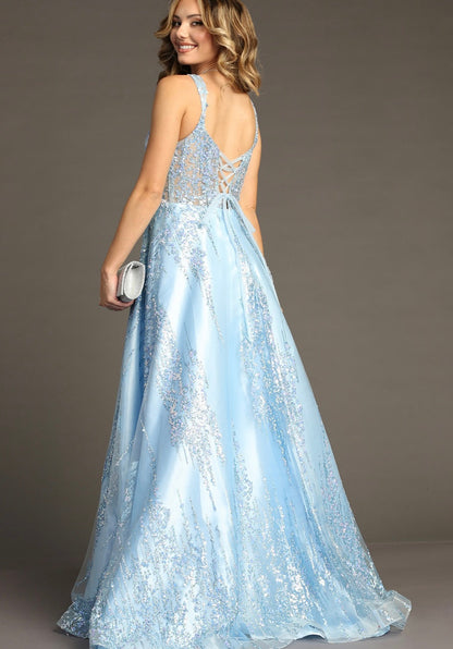 Chicas C821 Modern Printed Prom Blue A-Line Illusion Lace Dress