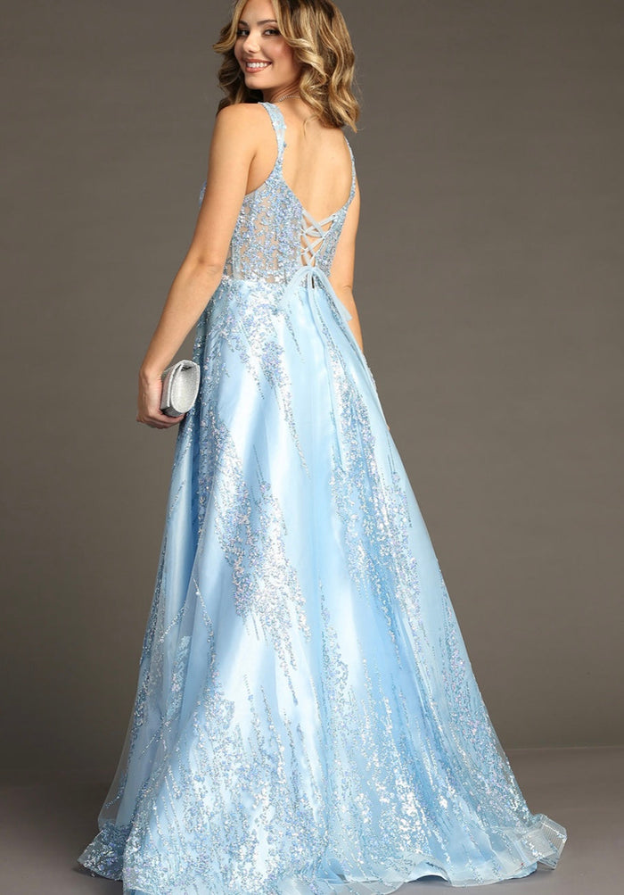 Chicas C821 Modern Printed Prom Blue A-Line Illusion Lace Dress