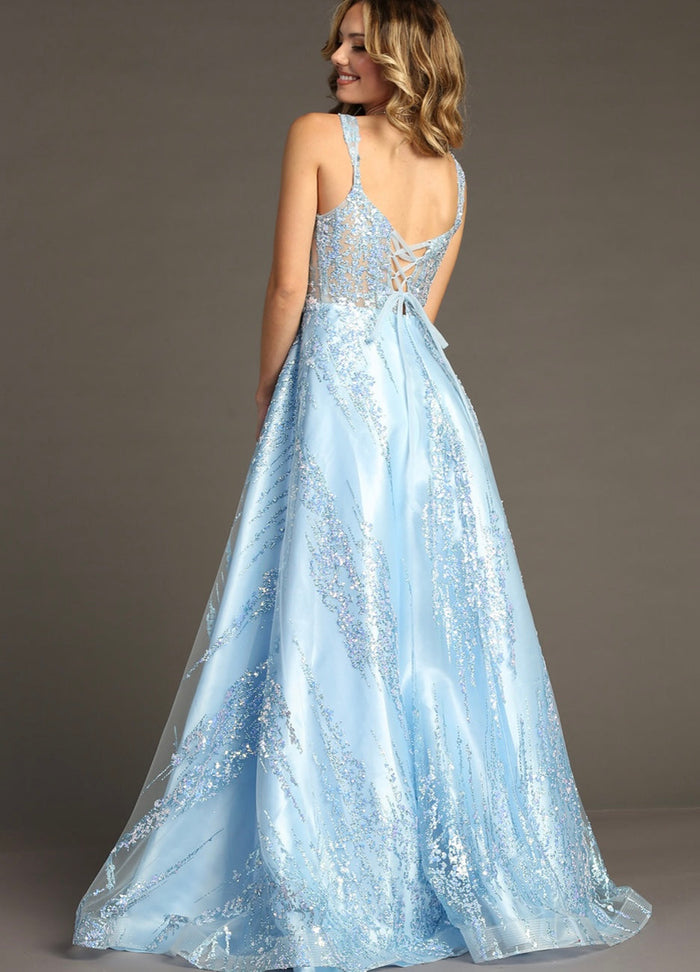 Chicas C821 Modern Printed Prom Blue A-Line Illusion Lace Dress