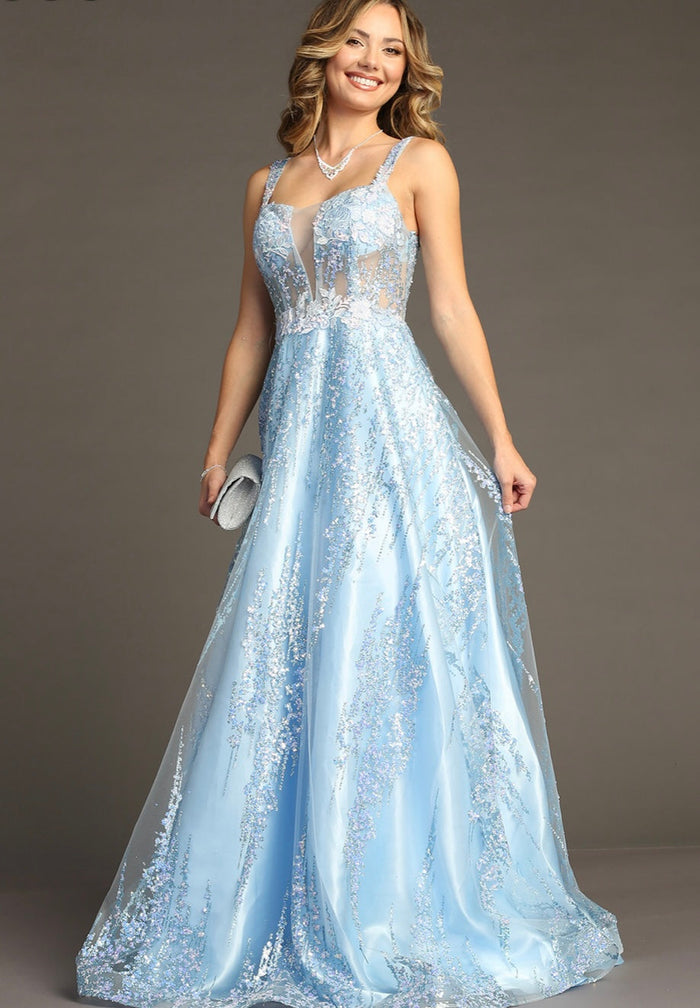Chicas C821 Modern Printed Prom Blue A-Line Illusion Lace Dress